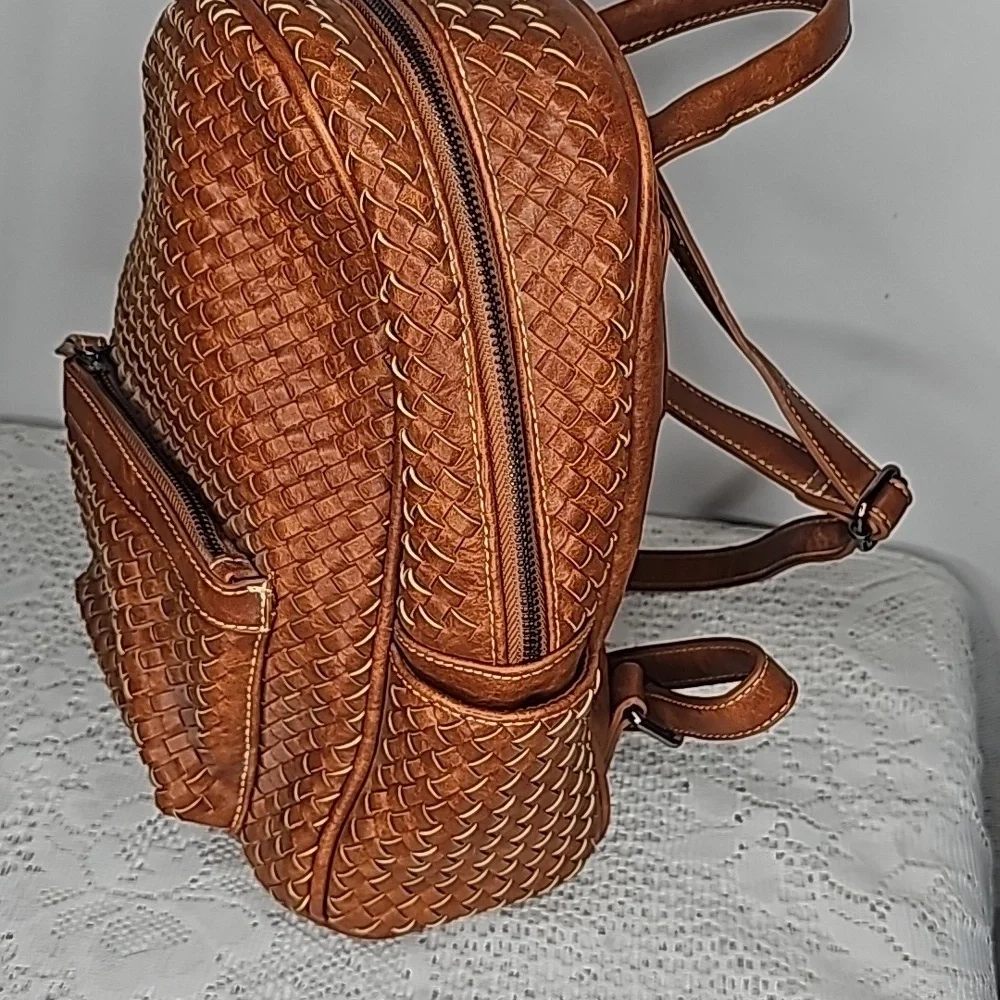 Shomico tan leather woven basket style weaved backpack purse handbag - Picture 3 of 8